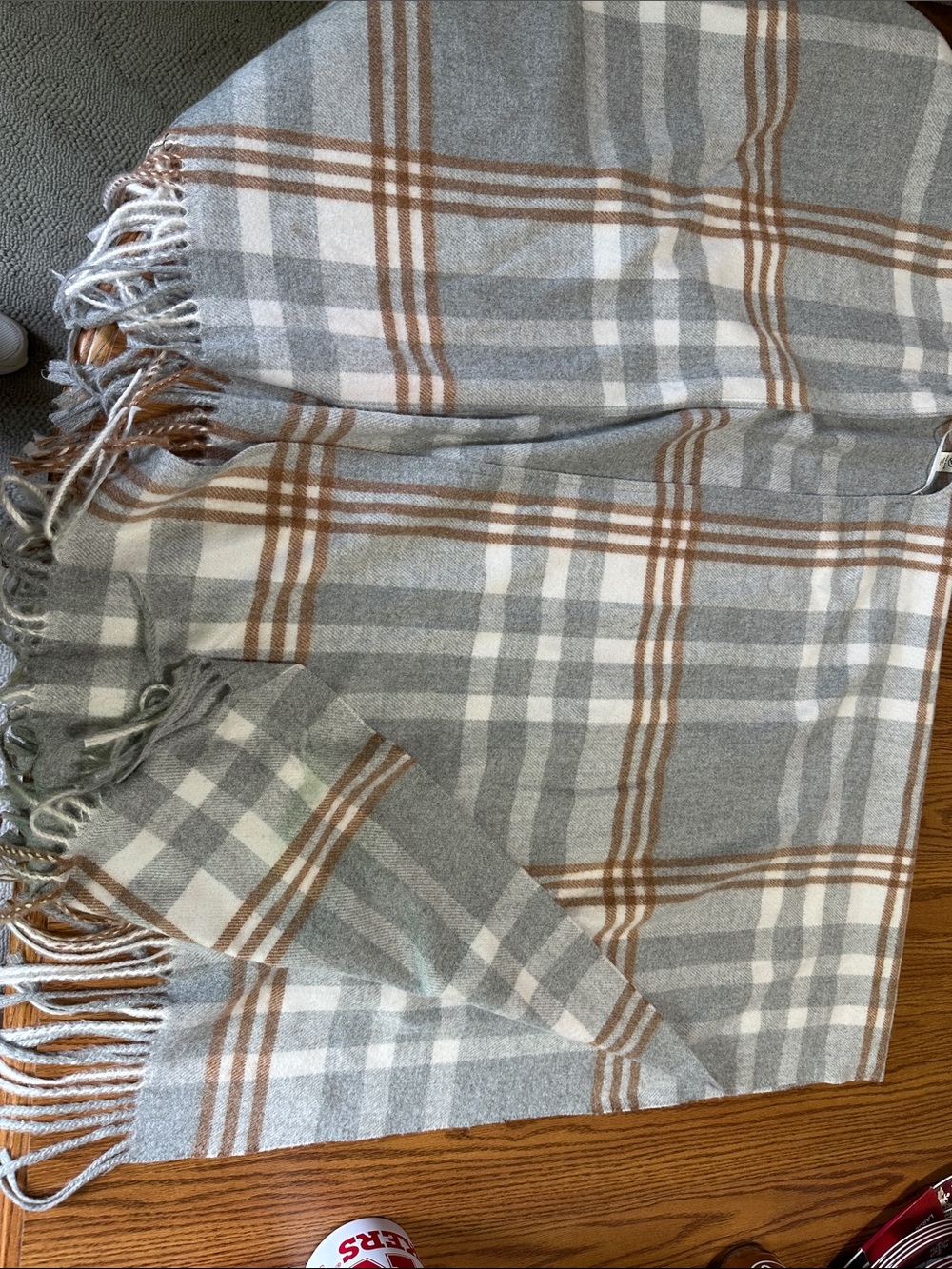 Cozy Gray & Camel Plaid Fringe Shawl